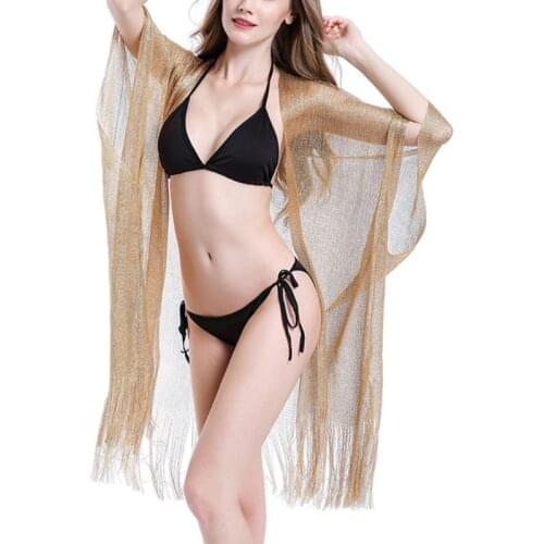 Womens Summer Metallic Glitter Swimsuit Cover Up Long Tassels Asymmetric Hem Kimono Cardigan Sheer Knitted Sunscreen Shawl