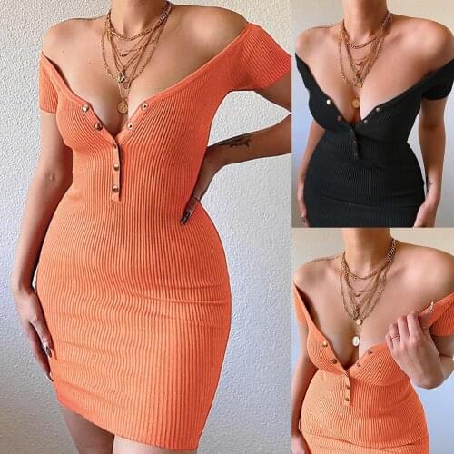 Summer Slim Dress Women Bodycon Midi Celebrity Party Dress Women Sexy Solid Color Off Shoulder Buttons Deep V Neck Knit Bodycon