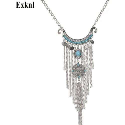 Exknl Brand 2019 Fashion Bohemian Vintage Necklace Antique Jewelry Long Tassel Necklace Maxi Statement Necklace For Women