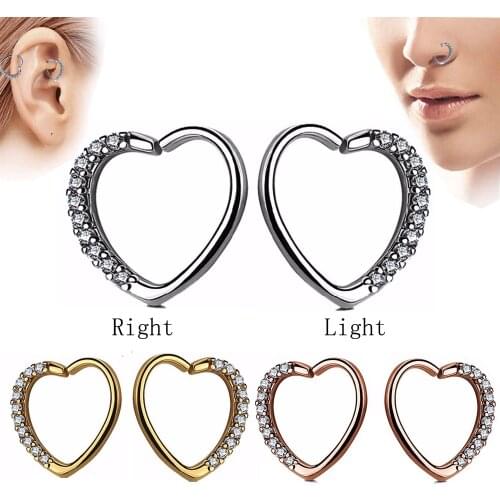 1 Piece Daith Heart Captive Bead Ring Ear Helix Tragus Cartilage Lip Ring Piercing Nose Stud With Press Fit Zircon Body Jewelry