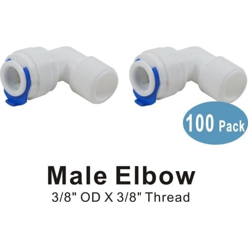 100 PACK OF Elbow Adapter 3/8" Thread Male to 3/8" Quick Connect Fitting Parts for Water Filters and Reverse Osmosis RO Systems