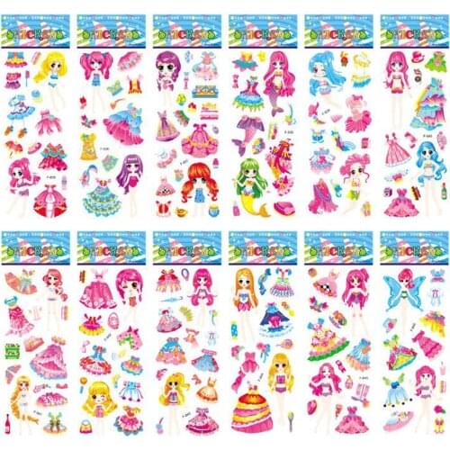 12 Sheets/set 3D Bubble Dress Up Girls Stickers Cartoon Change Clothes DIY Kawaii Stickers Educational Toys for Kids Girl Gift