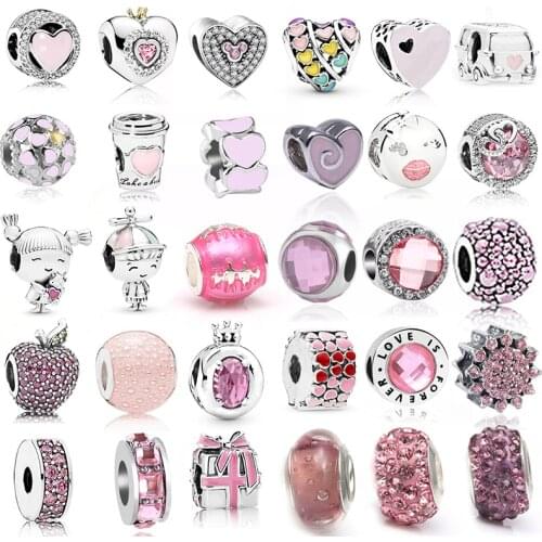 2Pcs/Lot Pink Color Love Charms DIY Women Bracelet Bangle Jewelry Gifts, Fit Brand Bracelet Jewelry Gift