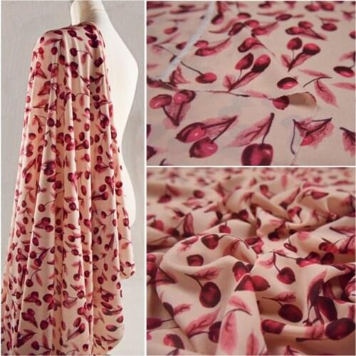 50*150cm Retro Elegant Nude Pink Cherry Print Imitation Silk Crepe Chiffon Fabric Dress Shirt Womens Handmade DIY Fabric