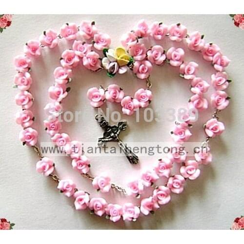 80pcs/set Handmade catholic Rosary necklace beautiful Pink Soft Cerami beads rose rosary catholic crucifix Necklace free ship