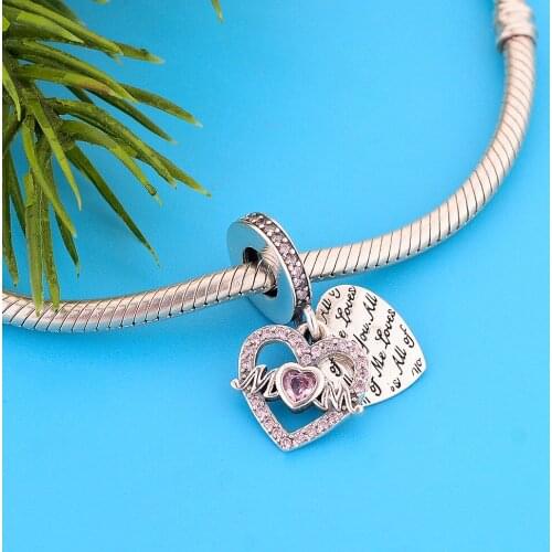 Berloque Sterling Silver 925 Pink Mom Beads Heart Charms Fit Original Charm Bracelet Necklace Jewelry Making 2021 bijoux femme