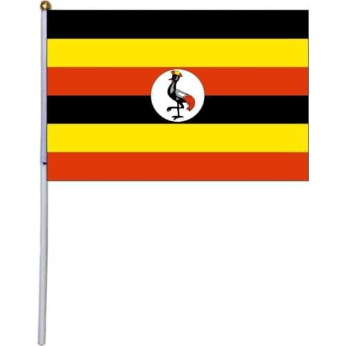 Free shipping xvggdg 100pcs 14 * 21cm National Flag Uganda hand flags with plastic flagpole Polyester Printing flag