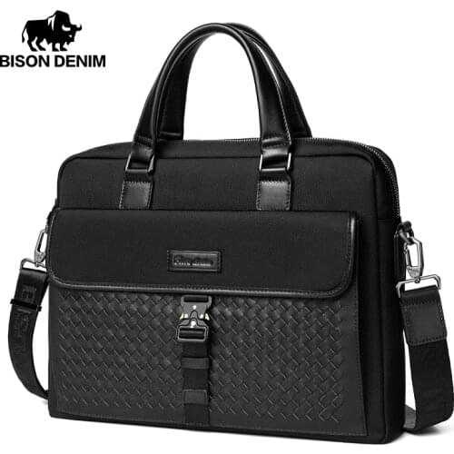 BISON DENIM Fashion Designer Mens Briefcase Black Waterproof Business Shoulder Bags For 13.3 Inch Laptop Briefcase Bag N20141