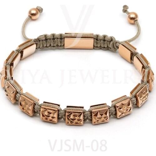 Popular Custom 8mm Faceted Square Stainless Steel Cutting Beads Bracelet Macrame Adjustable Size Men Jewelry
