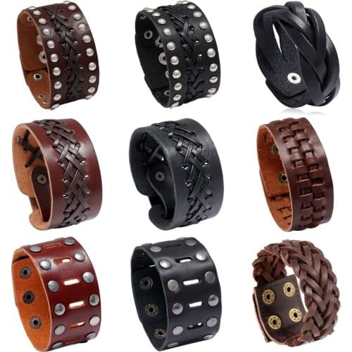 Punk Men Pu Leather Briaded Crafts Bracelet Jewelry Wide Leather Genuine Leather Material Cuff Bangle Gift Men Women