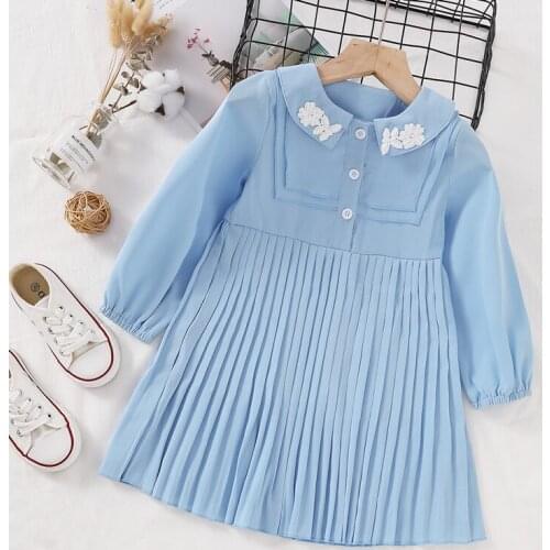 Children Girls Solid Pleated Princess Dress Long Sleeve Peter Pan Collar Infant Toddler Button Sweet Spring Dresses 2021 5M-6Y