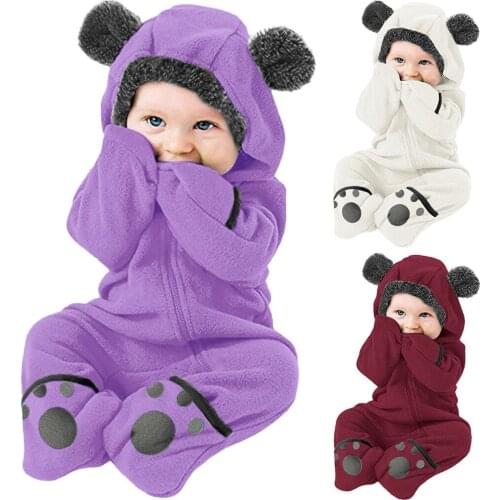 Baby Winter Clothes Infant Baby Girls Boys Solid Cartoon Fleece Ears Hoodies Romper Clothes Jumpsuit одежда для новорождëных