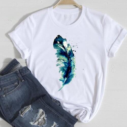 T-shirts Women Feather Watercolor Trend 2021 Cute Casual Spring Summer Clothes Graphic Tshirt Top Lady Print Female Tee T-Shirt