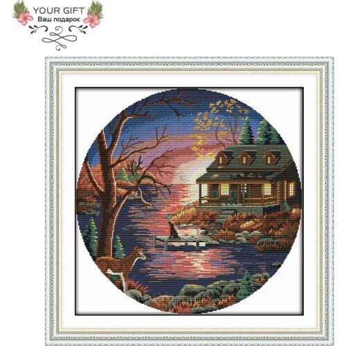 Joy Sunday F948 Counted and Stamped Home Decor Sunset Lake Villa Needlework Needlepoint Embroidery DIY Cross Stitch kits