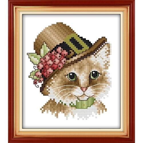 Cat wearing a hat(6) Printed Canvas DMC Counted Chinese Cross Stitch Kits printed Cross-stitch set Embroidery Needlework