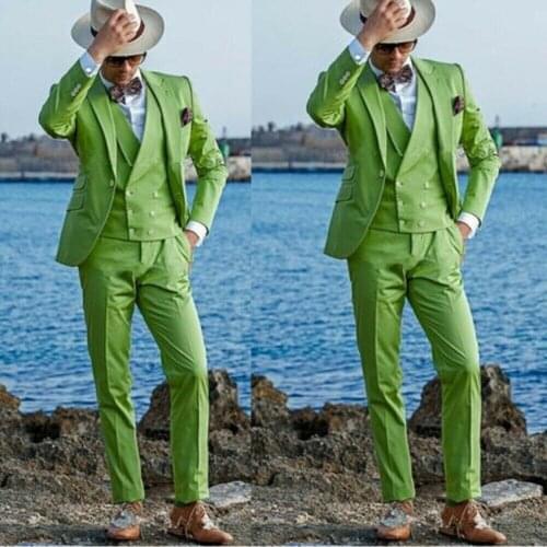 Fashion Beach Green Men Suits One Button Peak Lapel Groom Tuxedo Wedding Groom Prom Custom Made Blazer 3 Pieces