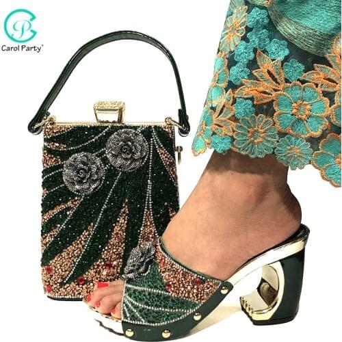New Arrival Women Wedding Italian design Ladies Shoe and Bag Set Decorated with Appliques Green Color Shoe and Bag Set