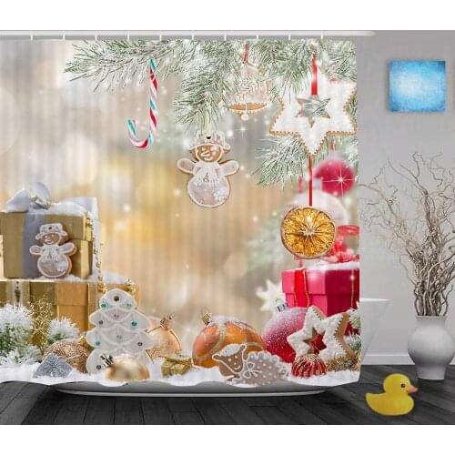 New Year Red Gold Christmas Balls Gingerbread Xmas Gifts Snowy Bathroom Curtains