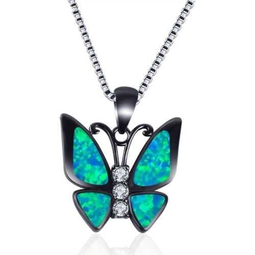 Blue Fire Opal Butterfly Animal Pendant Necklace Boho Black Zircon Sweater Chain Necklaces Women Party Wedding Jewelry Bijoux