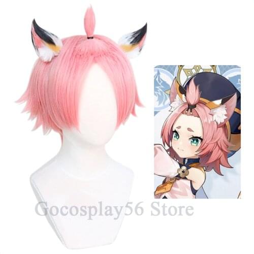 Genshin Impact Diona Cosplay Wig Pink Hair with Ears Full Set Heat Resisatnt Synthetic Hair Halloween Styled Anime Role Play