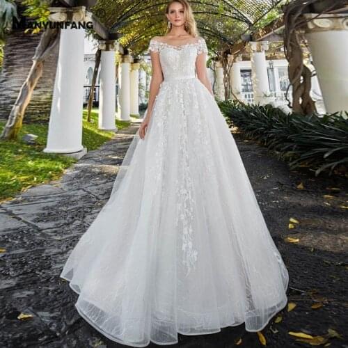Luxury O-Neck Embroidery Appliques Tulle Chapel Train Bridal Ball Gown Custom Made Button Back Cap Sleeve Wedding Dress 2021