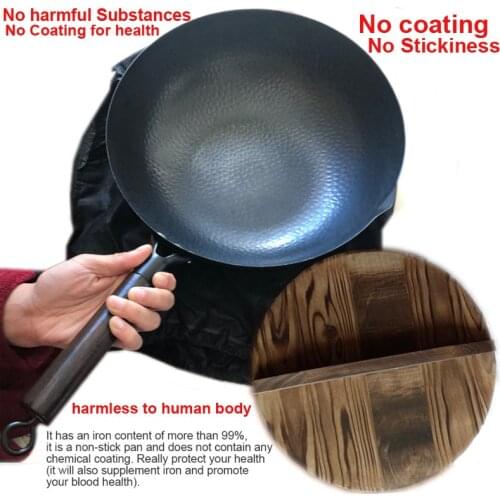 Handmade Iron Pot 32CM Uncoated Health Wok Non-Stick Pan Gas Stove Induction Cooker Universal Wood Cover