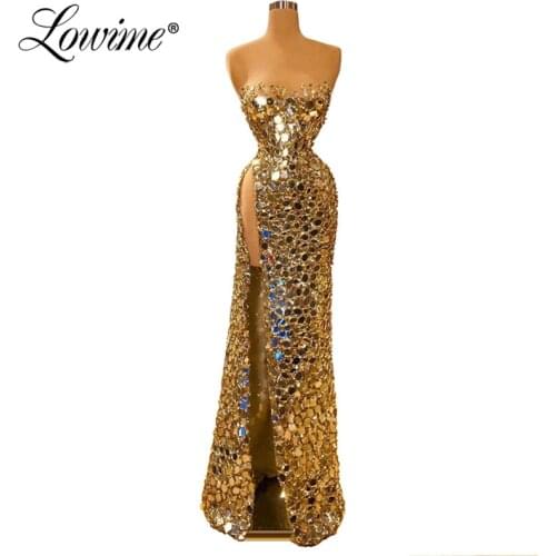 Sexy High Split Side Sequined Prom Dresses Mermaid Evening Gown Abendkleider 2020 Islamic Kaftans Dubai Arabic Women Party Dress