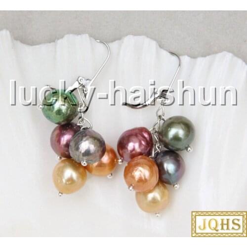 Dangle Baroque 2" 11mm Multi-color Reborn keshi pearls Earrings 925s silver hoop c20