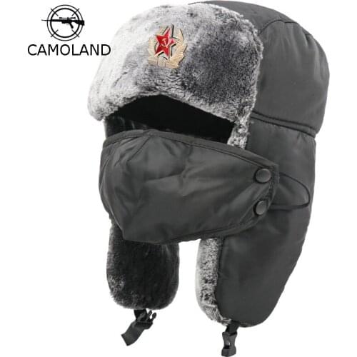 CAMOLAND Soviet Army Military Badge Bomber Hats For Women Men Russia Ushanka Hats Faux Fur Earflap Snow Caps Trapper Hat