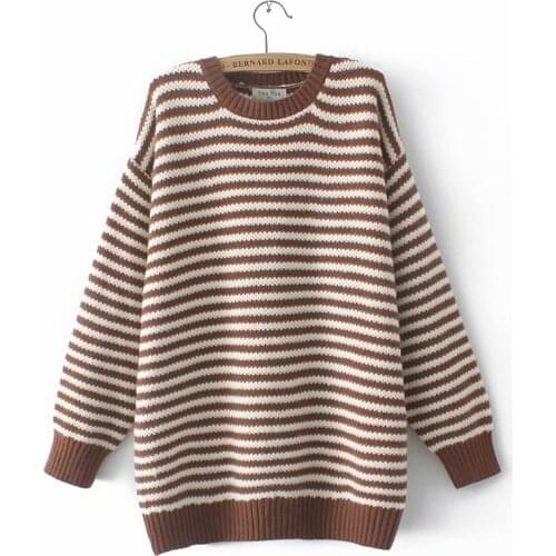 Womens oversize sweater autumn winter 2021 NEW plus size women clothing O-Neck loose Top female brown navy striped Women jumper