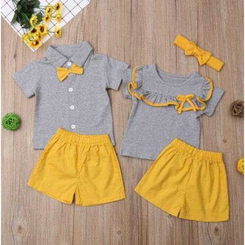 Kids Baby Big Little Sister Brother Short Sleeve T shirt Bow tie Ruffle Tops Shorts Outfit Clothes Summer Set