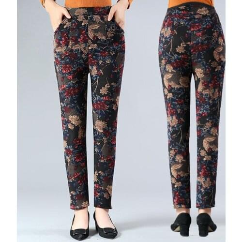 2021 Autumn Winter Women Middle Aged Plus Thick Velvet Leggings Female High Elastic Waist Print Trouser Lady Slim Warm Pant K587