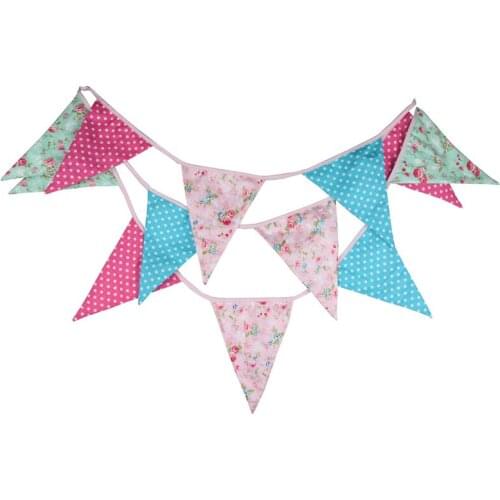 3.6m 12 Flags Retro British Style Pink Blue Flowers Cotton Banner Pennant Garland Baby Birthday Bunting Wedding Party Room Decor