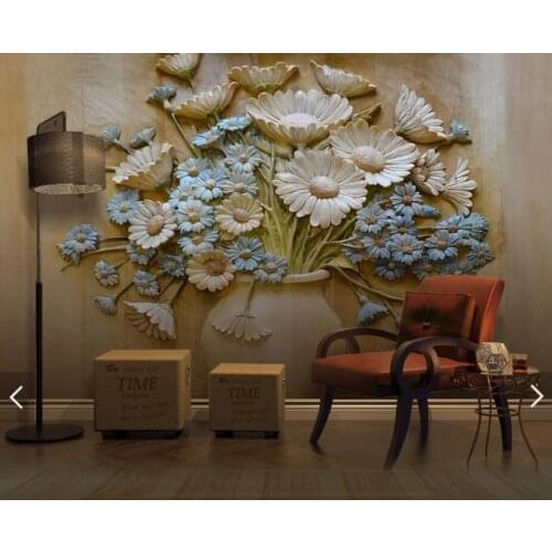 3D Embossed Vase Flower Wall Mural Photo Wallpaper Living Room Printed Wall Paper Contact Paper Floral Murals Papel De Parede