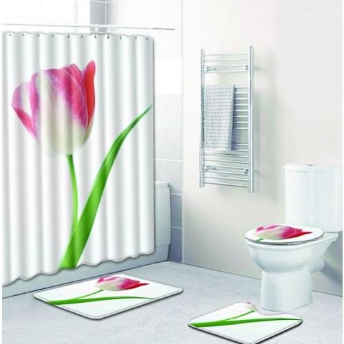 4pcs Bathroom Floor Mat Sets Anti Slip Tulips Design Shower Curtains + Bath Mat + Contour Rug + Toilet Lid Cover Carpet
