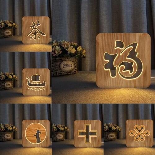 Acecorner LED USB Night Light Wooden Chinese Cultural Animal Lamp Novelty Kid Bedroom 3D Decoration Table Lights Child Gift