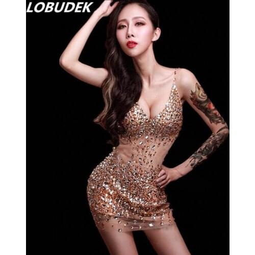 Sparkly Rhinestones Sexy V-neck Short Dress Crystals Straps Mini Dress Nightclub Party Stage Wear Bar DJ Singer Dance Costume