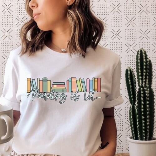 Reading Is Lit Colored T-shirt Funny Women Librarian Graphic Tee Shirt Top Cute Book Reader Gift Tshirt