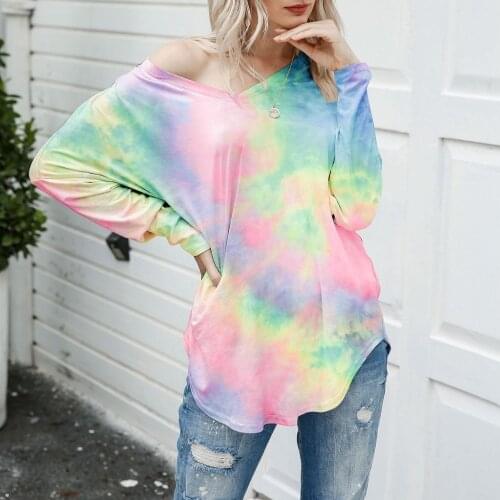 Fashion Women T-Shirts Casual Tie-Dye Multicolor gradient rainbow V neck Long Sleeve Loose Elegant Pullover Tops camisas mujer