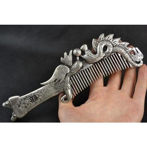 Collectibles Old Decorated Handwork Miao Silver Carving Dragon Phoenix Comb