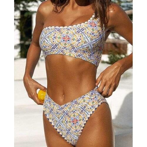 High Cut Bathing Suit Sexy Floral Print One Shoulder Swimsuit Women Bikinis Summer Vintage Print Swimwear Beachwear 2021 Biqiuni