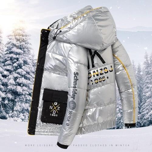 Winter mens cotton coat thick text printing fashion bright leather casual trend mens thick coat hooded top