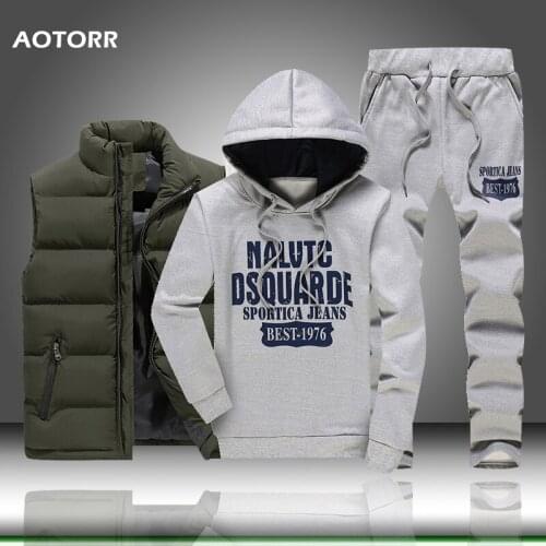 Men Tracksuits Casual 3 Pieces Set Winter Autumn Down Vest+Hooded Sweatshirt+Pants Elastic Letter Printing S-5XL 2020 Warm Suit