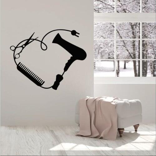 Beauty Hair Salon Wall Sticker Vinyl Decal Hair Dryer Comb Scissors Stickers Mural Girls Bedroom Bathroom Decoration P155