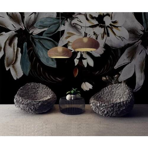 Nordic Dark Flower Wall Mural Wallpaper Black Background HD Printed Photo Wall Papers Painting Home Improvement Floral Wallpaper