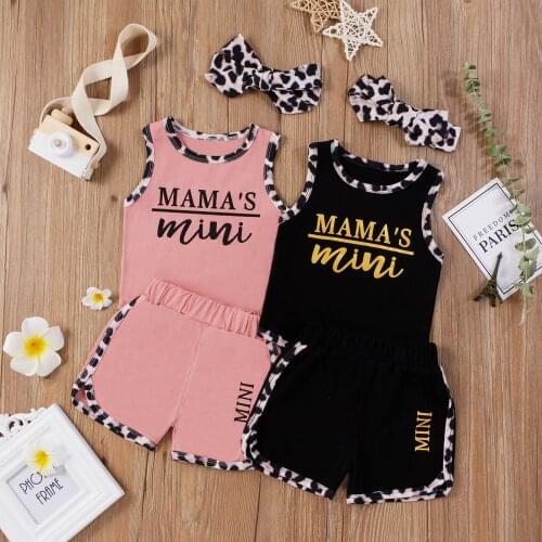 Infant Baby Girls 3 Pcs Outfits Suits, Sleeveless Letter Printed Tank Tops + Short Pant + Leopard Headband Sets Summer 2021
