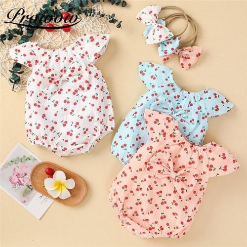 Prowow Cherry Printed Newborn Girl Bobysuits Summer Babys Romper Bowknot Toddler Overalls For Childrens Clothing Flying Sleeve