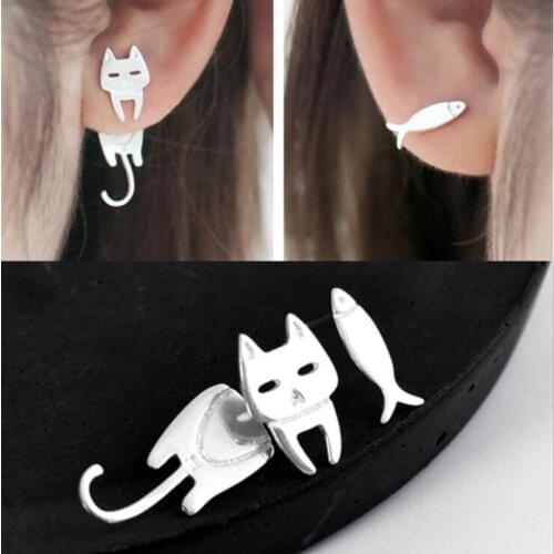 Cat Fish Paired Stud Earrings For Women Teens Girls Cute Creative Style Asymmetric Animal Statement Earrings Fashion Jewelry
