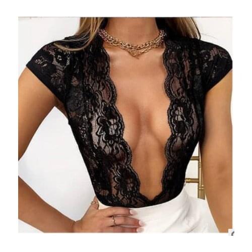 Mesh Sheer Lace Bodysuit V Neck Sexy Bodysuit Women Teddies Catsuits Fashion Body Mujer Party Clubwear