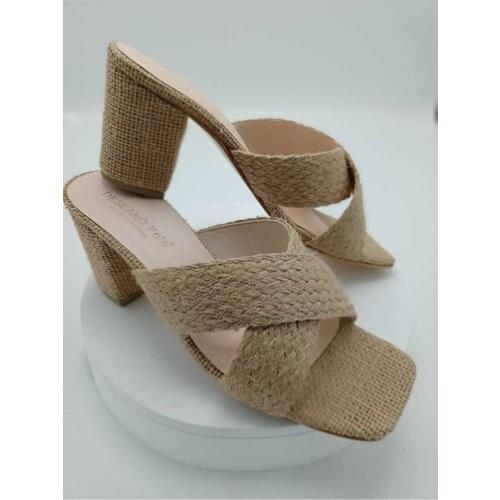 Womens Beige Straw Heels Cross Slippers Female slippers Female sandals Female shoe 2021 Model Luxury slippers High-Heeled slippers